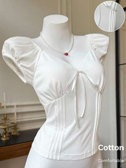 Comfortcana 女款白色针织紧身T恤，夏季时尚