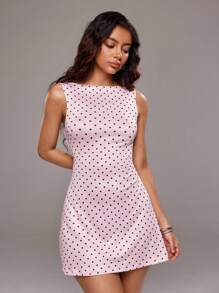 TRNVIE Women's Casual & Commuter Pink Polka Dot Backless Tie Strap Off Shoulder Boat Neck Knit Elastic Waist A-Line Mini Slip Dress, Summer