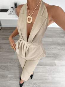 Siren Gaze Linen Sleeveless Suit For Women Summer Elegant Champagne Date,Old Money Style Solid Color Versatile Fashion Casual Classy Two Piece Set Beige,Formal - Apricot - View 7