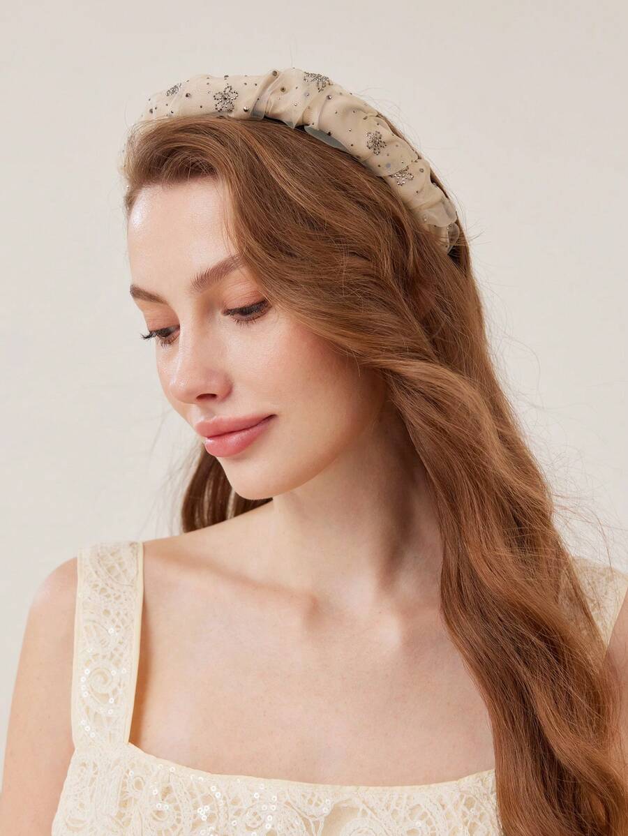 MOTF PREMIUM RHINESTONE FLORAL PATTERN MESH HEADBAND - Apricot - View 1