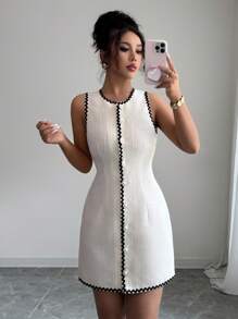 SHEIN LUNE Women's Elegant High Waist Sleeveless Short Tweed Dress