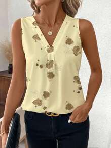 SHEIN Clasi Casual Floral Print V-Neck Tank Top For Women, Suitable For Summer Suitable For Going Out Chic Blouses For Women - Multicolor - View 3