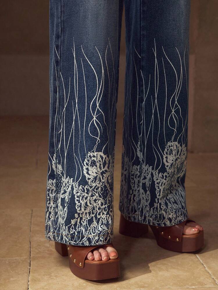 PLANTS PRINT STRAIGHT LEG JEANS FOR AUTUMN & WINTER