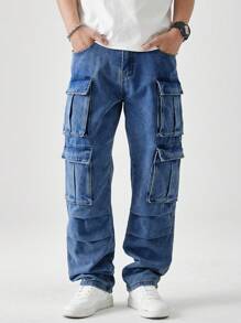 Chillumni Stylish Men's Casual Denim Cargo Jeans. These Long Light Wash Baggy Fit Wide Leg Pants Offer Ultimate Comfort And Ample Storage For Everyday Outings. - Light Wash - View 3