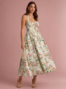 Enchnt Váy dài công chúa hở lưng in họa tiết hoa hồng màu xanh bạc hà lãng mạn dành cho nữ mùa hè/thu - màu xanh lá - Xem 4