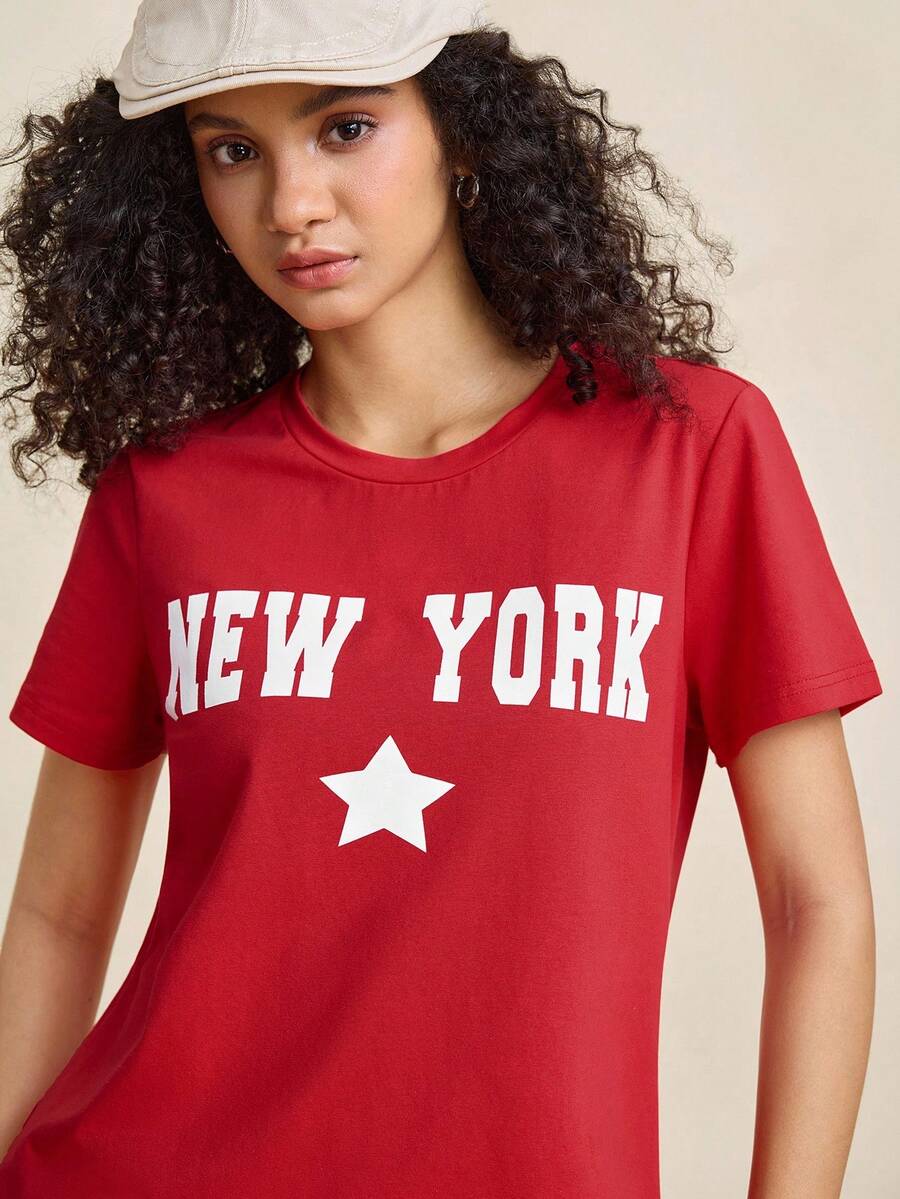 INAWLY 女款常规版型纽约星白色英文标语五角星简约休闲街头家居服夏季美式图案圆领短袖 T 恤 - 紅色 - 查看 1