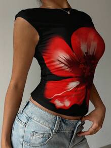 Aloruh Blusa corta con estampado floral y escote trasero para mujer