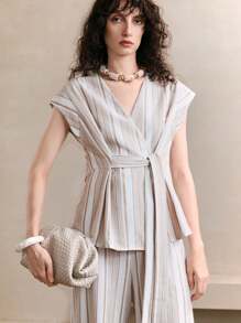 EMERY ROSE 女士梭织亚麻色织面料，时尚简约，优雅通勤，休闲，V领，打结，短袖上衣搭配阔腿裤，复古风女士，复古服装女士，米色和卡其色条纹两件套西装，全白，全白派对装女士 - 卡其色 - 查看 6