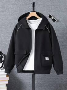 Teen Boy's Casual Hooded Jacket With Zipper Pockets And Rib Knit Trim, Suitable For Daily Commute And Leisure Wear Fall Winter - Black - View 3