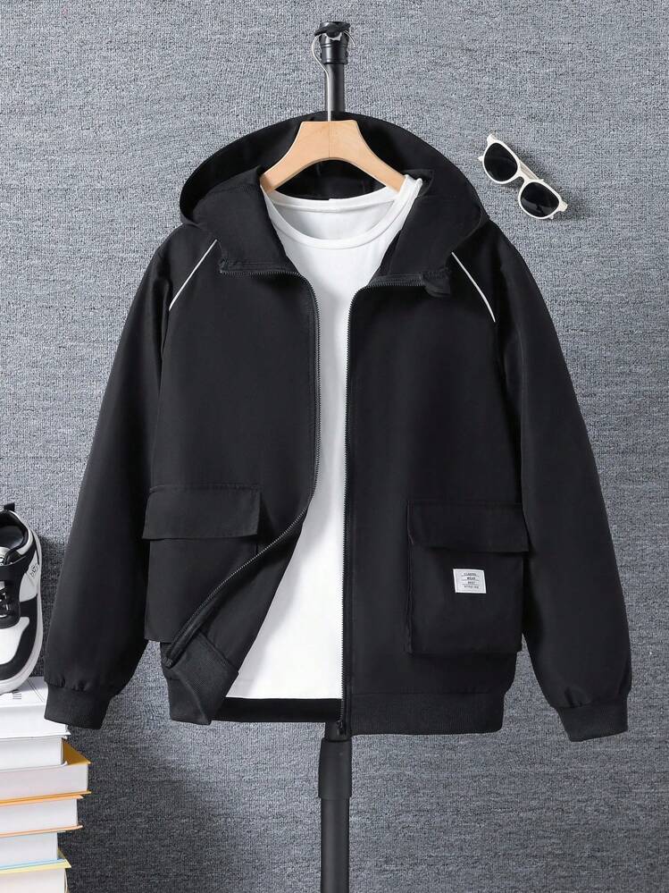 Teen Boy's Casual Hooded Jacket With Zipper Pockets And Rib Knit Trim, Suitable For Daily Commute And Leisure Wear Fall Winter - Black - View 3