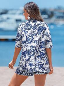 Sylviya 女式夏季中国风蓝白印花面料开衫衬衫和短裤两件套休闲沙滩装 - 彩色 - 查看 2