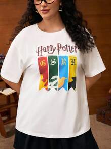 HARRY POTTER X SHEIN Camiseta de Manga Curta com Gola Redonda, Estampa de Letra e Animal Colorido, Plus Size