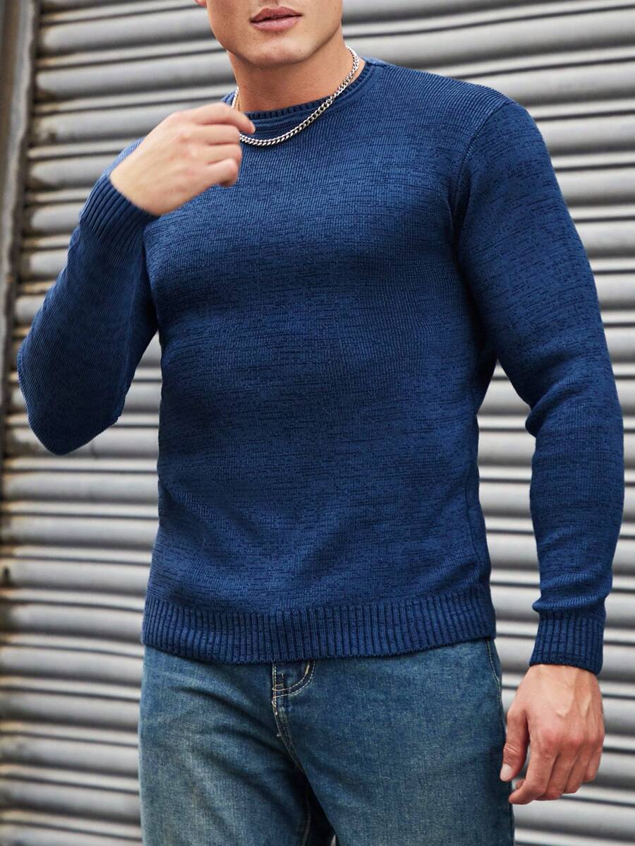 EURMUSE Jersey de cuello redondo ajustado y versátil para hombre, otoño/invierno - Azul - Ver 1