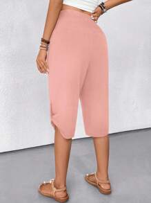 SHEIN LUNE Women's Solid Color Knotted Waist Loose Casual Capri Pants - Pink - View 2