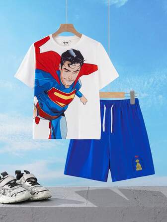 SUPERMAN 2025 Set da 2 pezzi per ragazzo: maglietta a maniche corte con grafica a figura cartoni animati e girocollo, pantaloncini con coulisse in vita