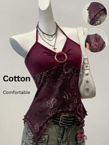 SHEIN EZwear Knitted Burgundy Retro Printed Mesh Camisole Top For Women - Burgundy - View 3