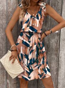 Breezaya 女式夏季假日印花松紧腰裹身连衣裙，纽扣细节，度假海滩装 - 彩色 - 查看 5