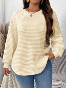 SHEIN LUNE Plus Size Women White Autumn Smart Casual Everyday Solid Round Neck Loose Long Sleeve Textured Quilted Pullover Sweatshirt,Fall Winter Light Sweater - Beige - View 1