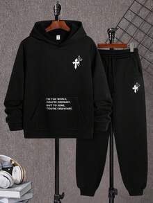 2件套青少年男童休闲舒适百搭印花连帽运动衫和运动裤套装 - 黑色 - 查看 3