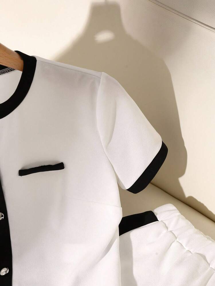 2pcs Women Elegant Set: Contrast Trim Front Button Short Sleeve Top And Long Pants Lounge Sets For Women Sets 2 Pieces Women Matching Sets Women Outfit Sets Women Teacher Outfits For Women Back To School Clothes Airport Outfit For Women Going Out Outfits Office Outfits For Women