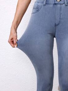 SHEIN Essnce Relaxed Fit Cropped Washed Denim Jeans - Blue - View 6