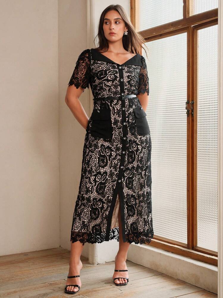Plus Size Women V-Neck Short Sleeve Waist Cinched Elegant Lace Midi Dress