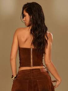 Denimoi Washed Denim Velvet Affect Lace Up Corset Top - Brown - View 4