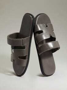 SHUZIA 男士优质油面 PU 灰色 H 型镂空可调节系带拖鞋 - 奢华舒适街头服饰，游艇俱乐部必备 - 灰色 - 查看 7