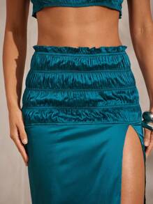 Hauture Sexy Summer Vacation Solid Shirred High Slit Maxi Skirt - Dark Green - View 5