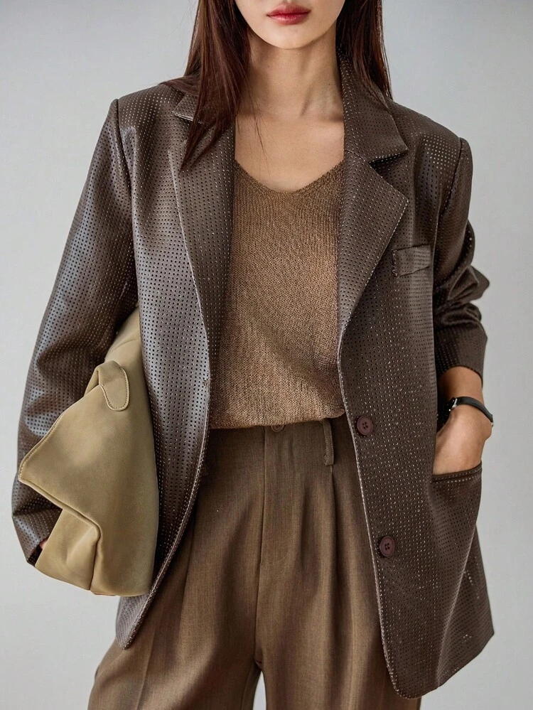 Women's Perforated Loose Business Casual Office Work Wear PU Jacket Blazer, Regular Coat For Autumn/Winter,Fall Women Clothes Leather Jacket