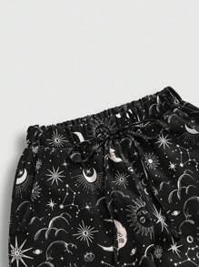 ROMWE Women's Loose Fitting Hippie Style Crescent Moon & Star Print Wide Leg Pants, Suitable For Holiday - Black and White - View 3