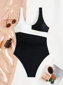 Swim Lushoire Costume da bagno intero da donna, nero e bianco con incroci, scollo rotondo e aperture, alla moda, per l'estate - Bianco e nero - Visualizzare 6