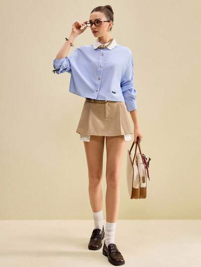 Muvela 女式条纹长袖衬衫，学院风，金属纽扣，初秋，撞色领口秋季返校淡蓝色衬衫翻领衬衫学院风上衣超大衬衫女式宽松衬衫