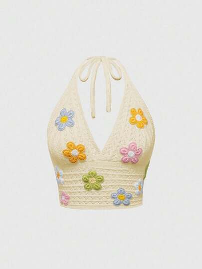 Floral Pattern Halter Knit Top