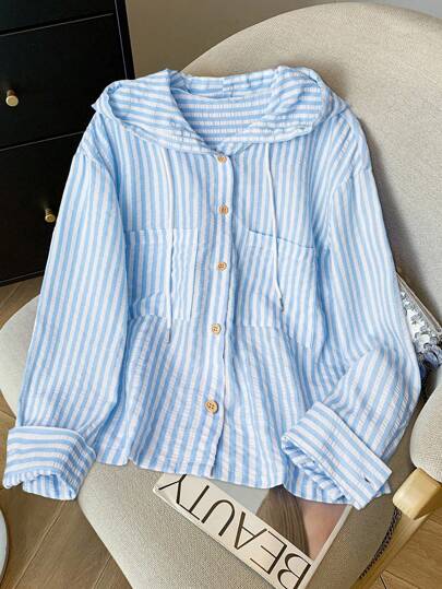 EMERY ROSE Elegant Striped Shirt Women, Lightweight Loose Hooded Sweatshirt For Summer Pullover Fall
