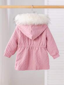 SHEIN Baby Girl Casual Fleece Hooded Jacket With Faux Fur Collar, Autumn & Winter Fall - Pink - View 2