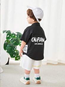 SHEIN Unisex Baby/Toddler Casual Fashionable Everyday Versatile Army Green Short Sleeve Woven Shirt, Suitable For Indoor, Outdoor, Daily Wear, Sports, Play, Party, Photo Shoot, Holiday, Festivities