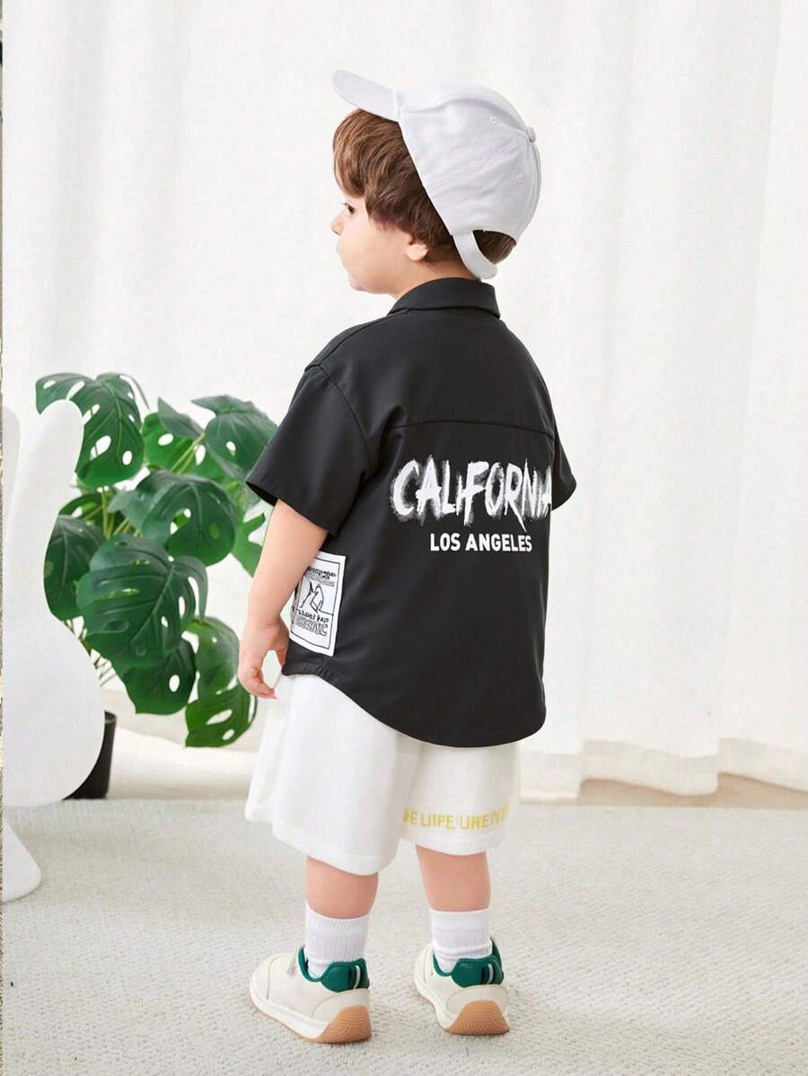 SHEIN Unisex Baby/Toddler Casual Fashionable Everyday Versatile Army Green Short Sleeve Woven Shirt, Suitable For Indoor, Outdoor, Daily Wear, Sports, Play, Party, Photo Shoot, Holiday, Festivities