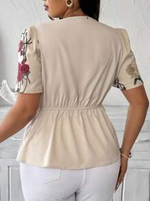 Vionelle 大码女式优雅奢华简约办公室女士/度假风格短袖衬衫，雪纺/提花撞色拼接，鸡心领，收腰设计，双排扣，适合春夏季