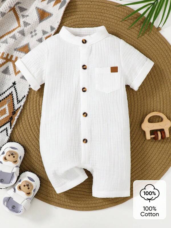 1pc Baby Boys White Short Sleeve Snap Front Romper & Shorts Set, Soft Comfy Casual For Home, Outdoor, Travel, Spring/Summer