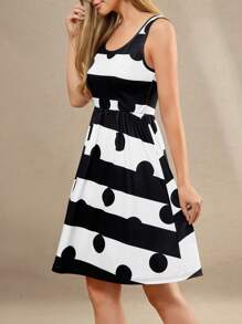 Amorya 女式圆领无袖收腰修身几何印花 A 字型弹力针织优雅休闲连衣裙，适合春夏季 - 黑與白 - 查看 6