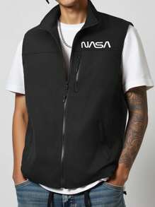 Manfinity Roghcode Men's Letter Print Zip Front Casual Vest - Black - View 5
