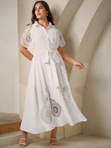 Anewsta Vestido de mujer de un solo pecho sin mangas de color liso con diseño calado y empalmes - Blanco - Ver 2