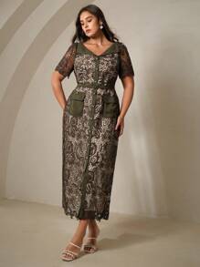 Anewsta Đầm ren dài vừa phải tay ngắn cổ chữ V thắt eo cỡ lớn cho nữ - xanh quân đội - Xem 4