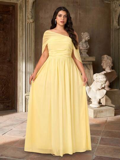 Aureia Plus Size Summer And Autumn Elegant Romantic Yellow Chiffon Asymmetrical Shoulder Pleated Hanging Sleeves High Slit A-Line Hem Suitable For Wedding Events Holiday Dance Date Girlfriends Bride Bridesmaid Dress