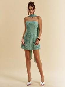 SHEIN BAE 女士串珠刺绣露肩 A 字迷你连衣裙，夏季 - 綠色 - 查看 9
