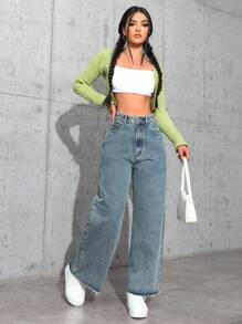 SHEIN ICON Vaqueros rectos de pierna con lavado de borde casual - Azul lavado oscuro - Ver 5