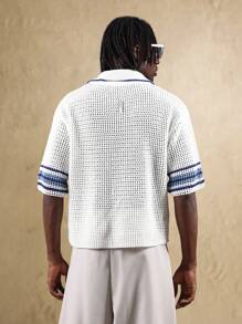 SUMWON Retro offene Mesh Poloshirt Sommer Kragen Top Varsity Stil Strick Pullover Kurzarm Tennis Shirt Golf Lässig Preppy Resort Tragen Frühling Einfarbig - Weiss - Übersicht 2