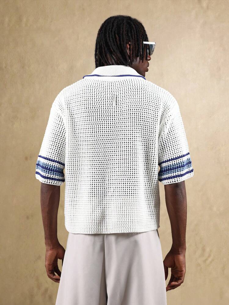 Open Mesh Polo Knit Top With Varsity Stripes