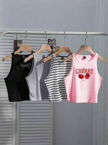 SHEIN EZwear 4件套女士休闲条纹蝴蝶结樱桃印花吊带背心，百搭性感紧身款，适合夏季返校季